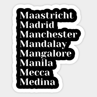 Cities starting with the letter, M, Pin, Mug, Mask, Pin, Sticker